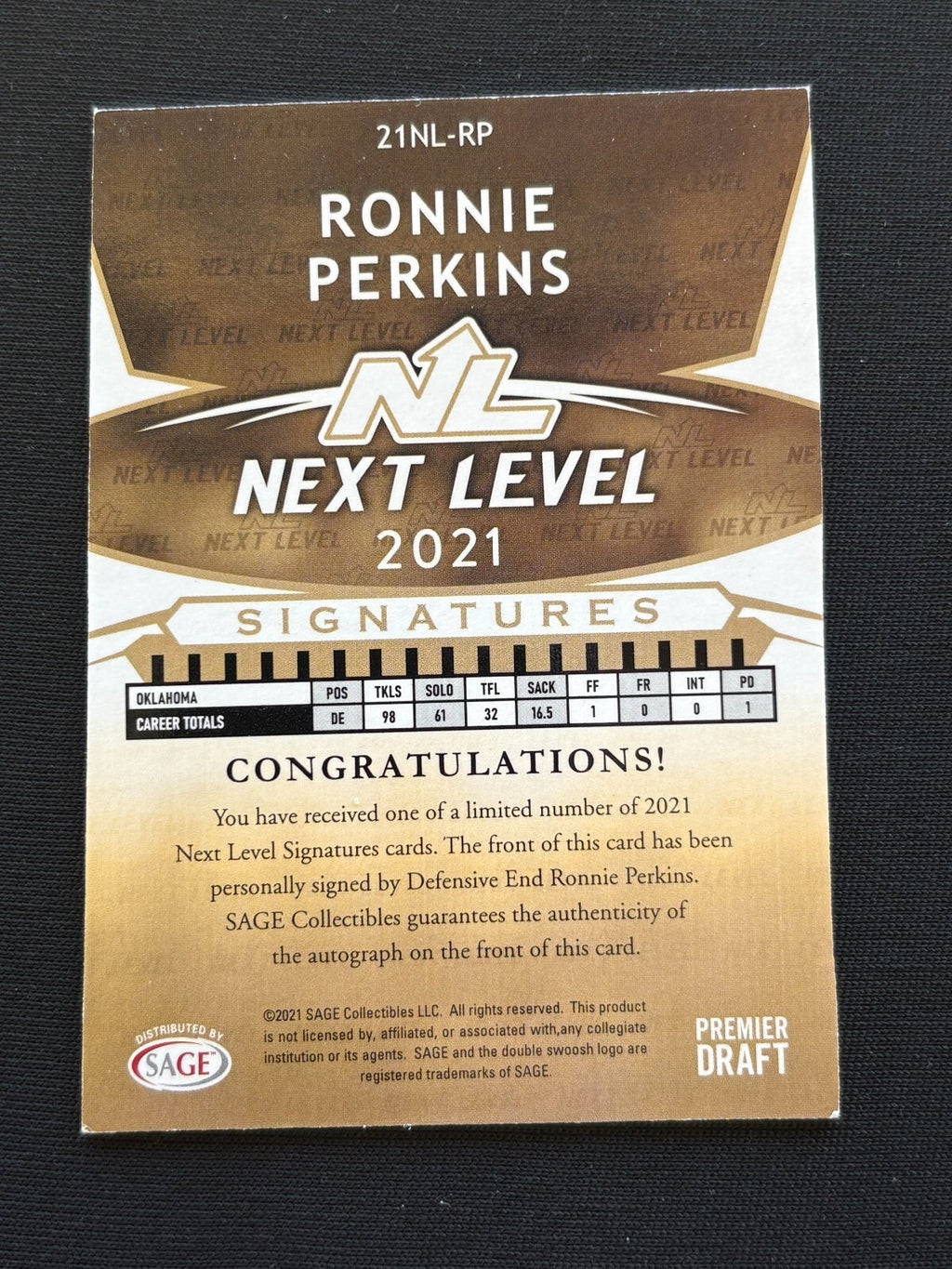 Ronnie Perkins 2021 SAGE HIT GOLD On Card Auto Autograph Oklahoma Sooners 8/10