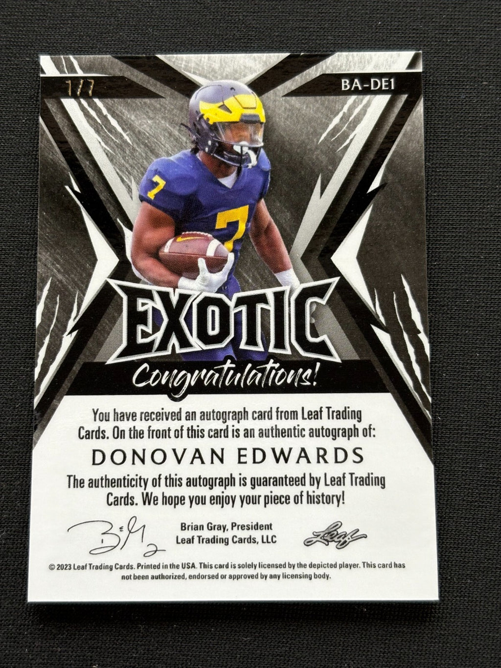 Donovan Edwards 2024 Leaf Auto Autograph JERSEY NUMBER RC Michigan 1/7