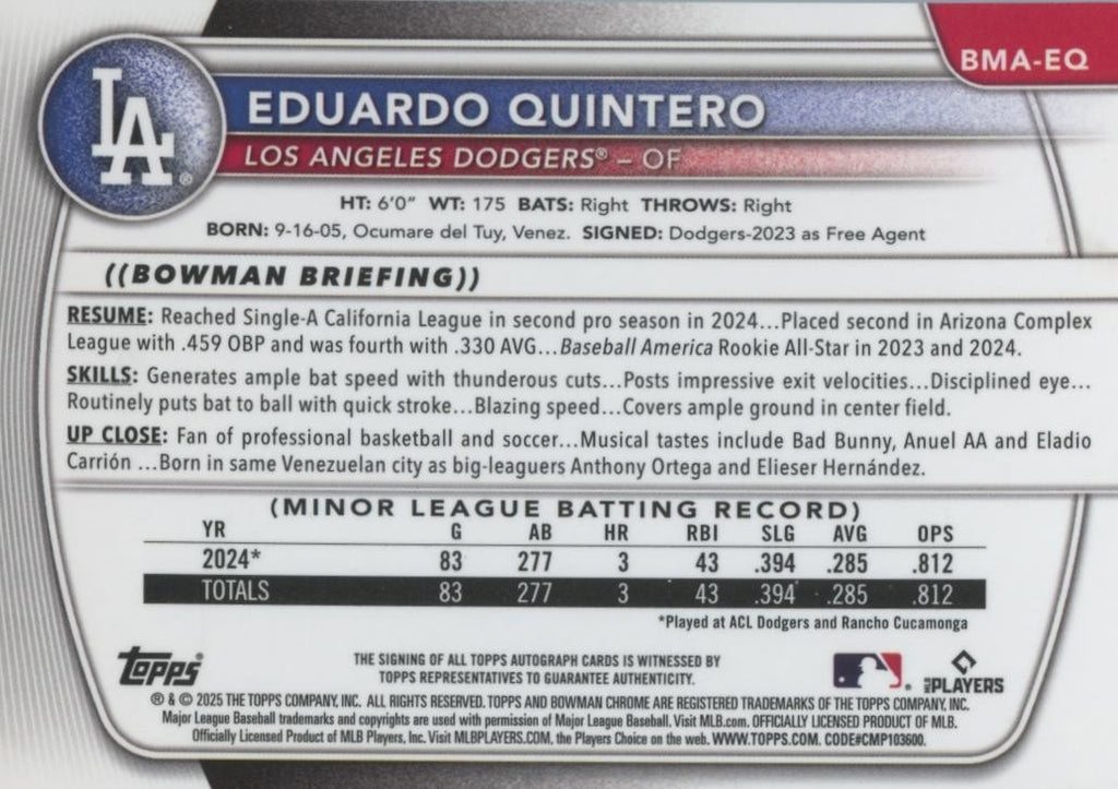 Eduardo Quintero 2025 Bowman Chrome Auto Autograph Purple Mega Box Dodgers /199