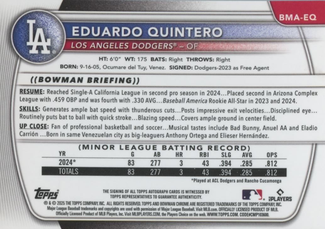 Eduardo Quintero 2025 Bowman Chrome Auto Autograph Purple Mega Box Dodgers /199