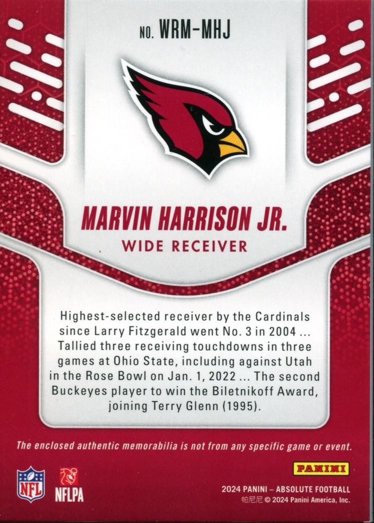 Marvin Harrison Jr. 2024 Absolute 3 Color Patch RC Arizona Cardinals 14/49