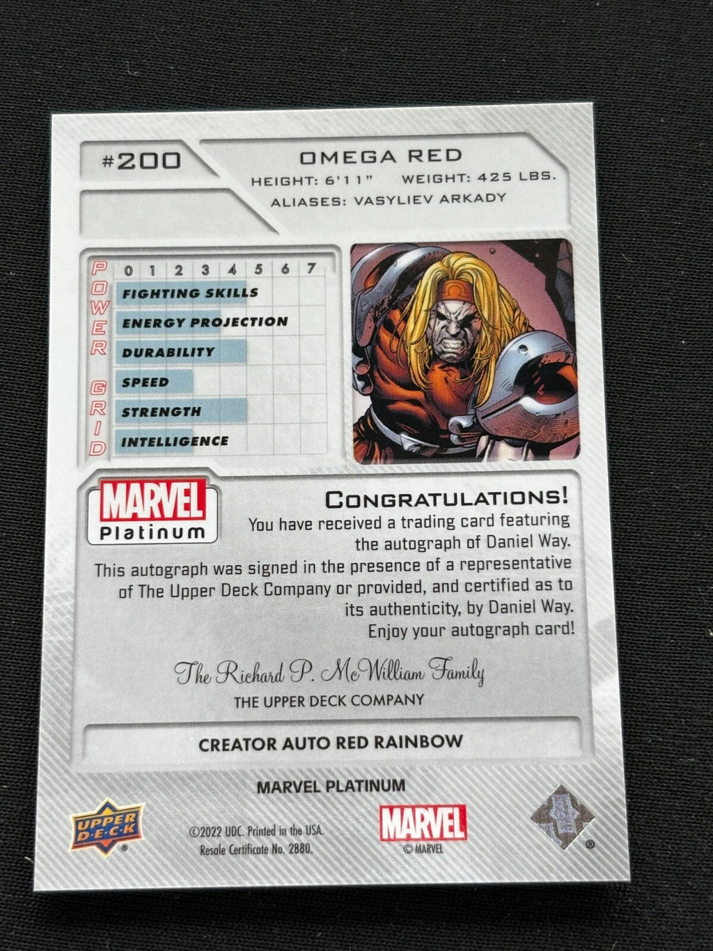 Daniel Way as Omega Red 2022 Upper Deck Marvel Platinum Auto Autograph #200