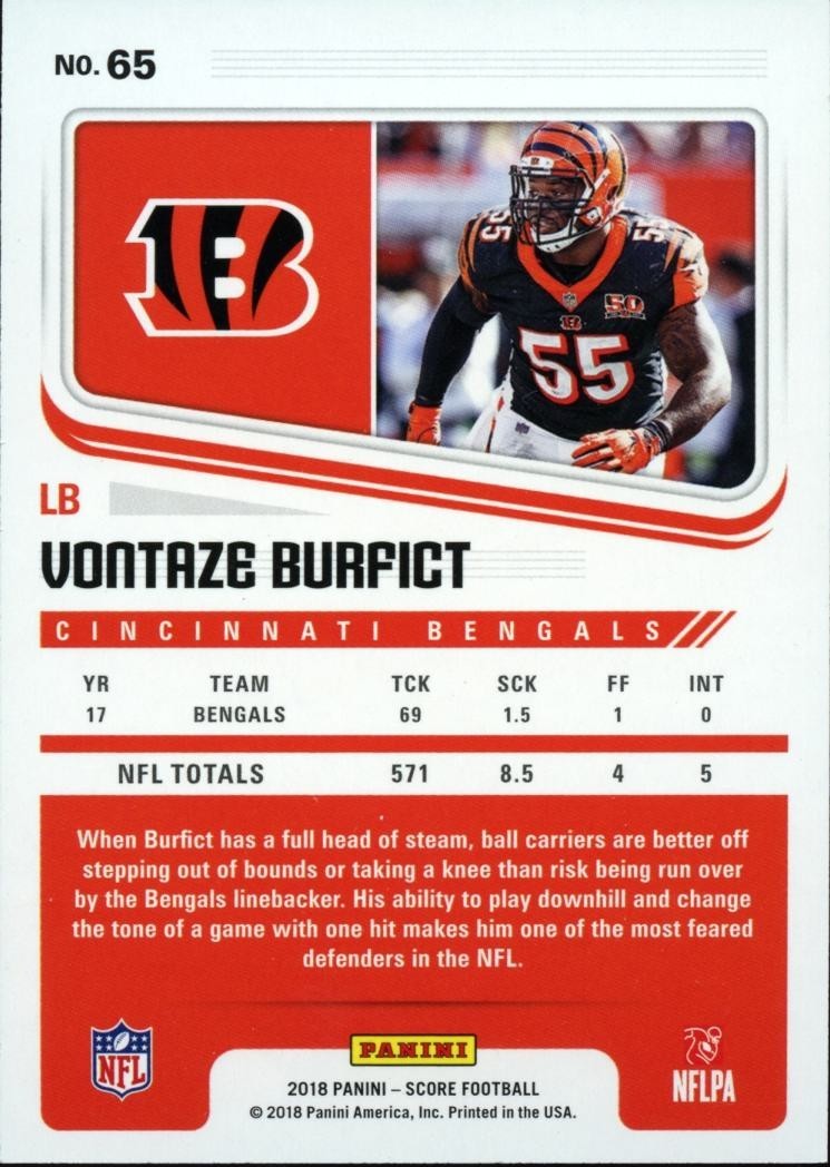 Vontaze Burfict 2018 Score End Zone Green SSP Cincinnati Bengals 6/6 #65