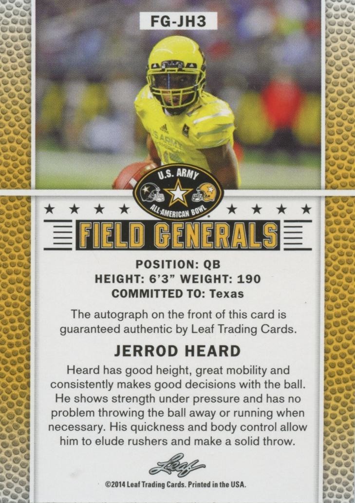 Jerrod Heard 2014 Leaf US Army Auto Autograph RC Rookie Texas Longhorns 9/10
