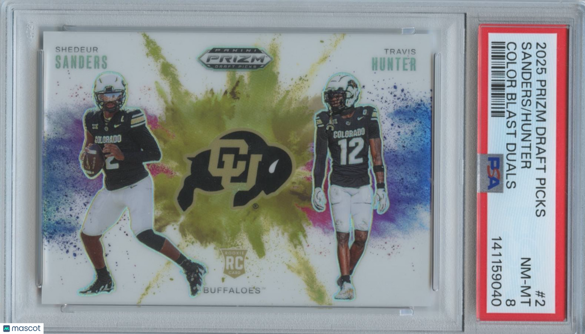 Shedeur Sanders / Travis Hunrer 2025 Prizm Draft Color Blast RC Colorado PSA 8