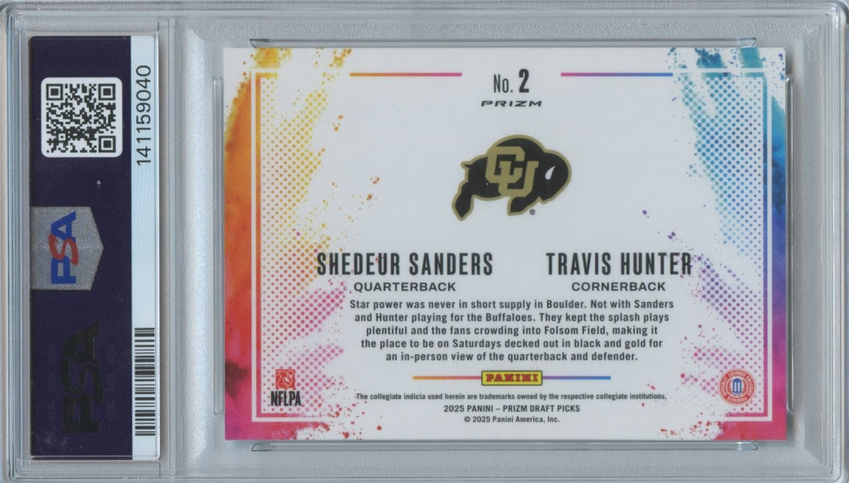 Shedeur Sanders / Travis Hunrer 2025 Prizm Draft Color Blast RC Colorado PSA 8