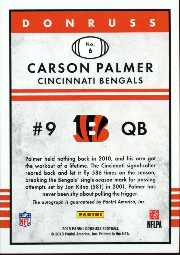 Carson Palmer 2015 Donruss Black Auto Autograph Cincinnati Bengals 18/25