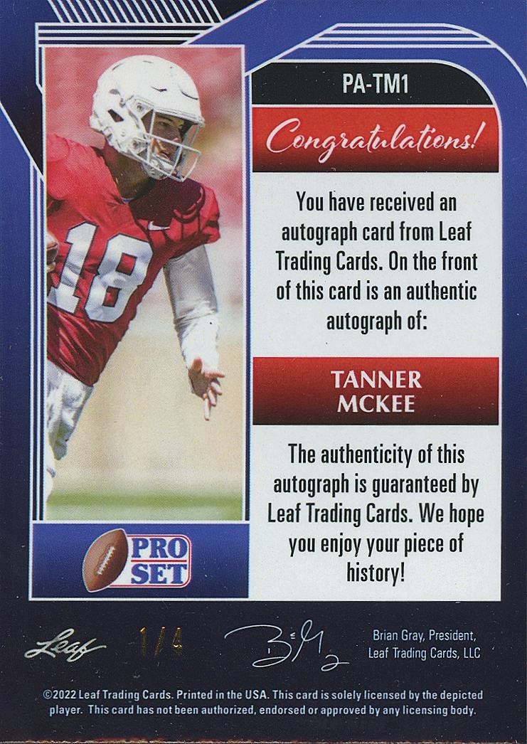 Tanner Mckee 2022 Leaf Pro Set Red Auto Autograph RC Rookie Eagles Stanford 1/4
