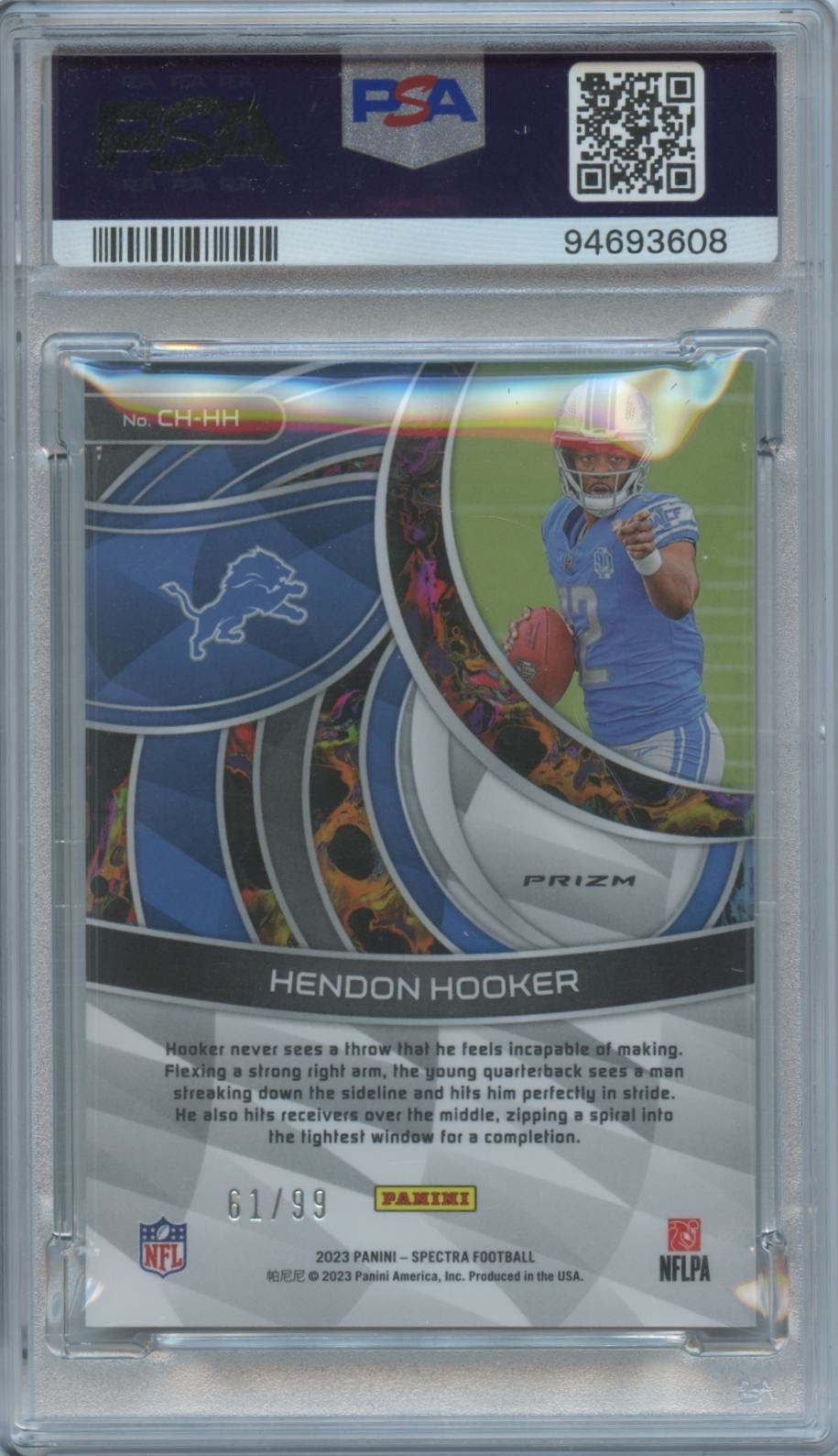 Hendon Hooker 2023 Spectra Chromatic Rookie RC Detroit Lions 61/99 PSA 9