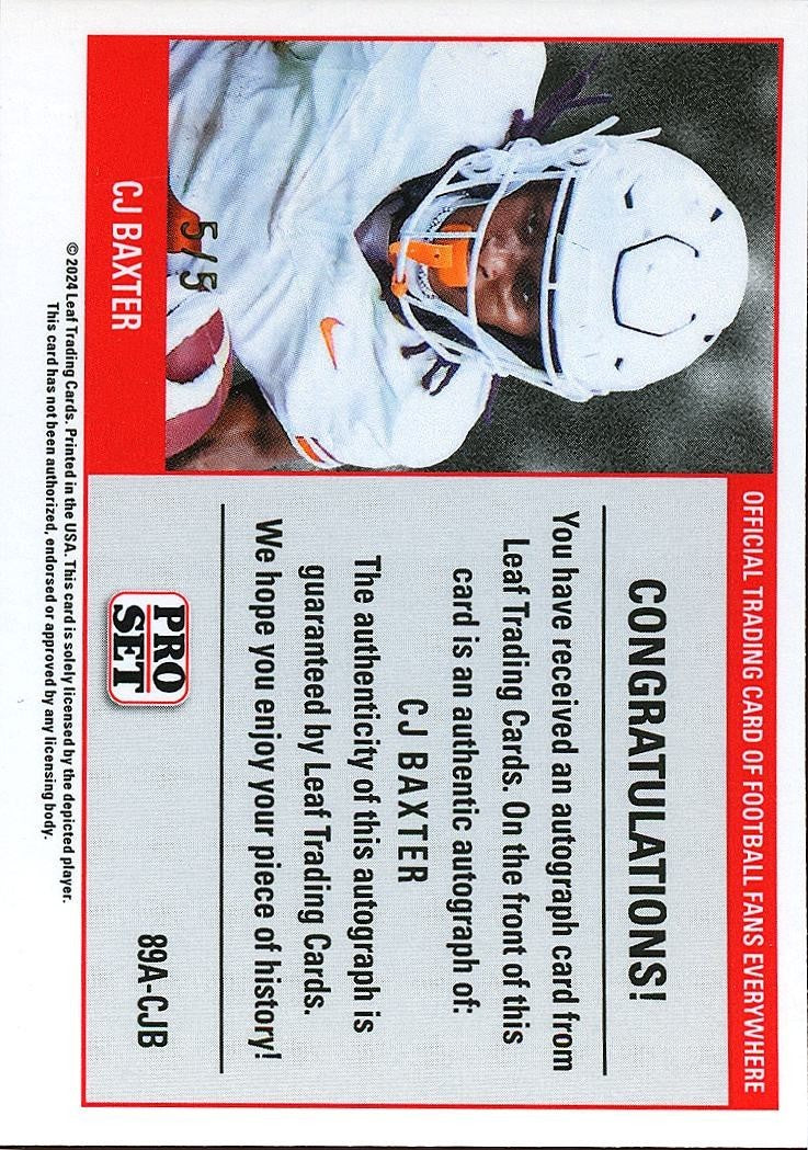 CJ Baxter 2024 Pro Set Auto Autograph SSP RC Rookie Texas Longhorns 5/5