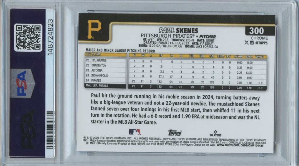 Paul Skenes 2025 Topps Chrome Sapphire 2nd Year Pittsburgh Pirates #300 PSA 10