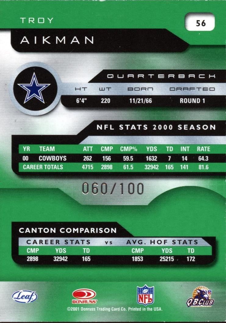 Troy Aikman 2001 Quantum Leaf Green Infinity Dallas Cowboys 60/100 #56