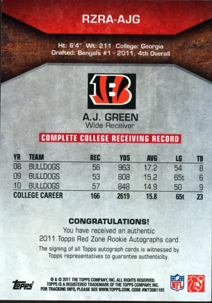 A.J. Green 2011 Topps Red Zone Red Ink Auto Autograph RC Bengals 89/100