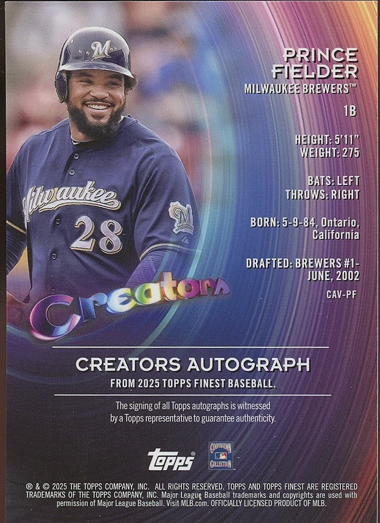 Prince Fielder 2025 Topps Finest Auto Autograph Green Milwaukee Brewers 66/75