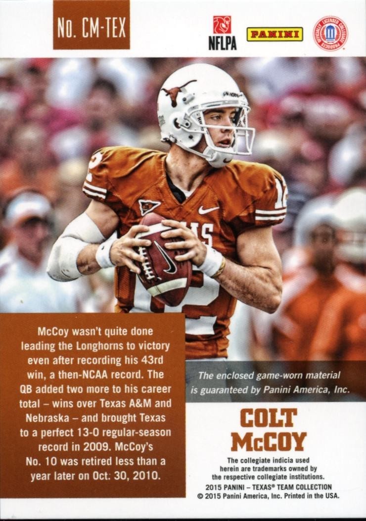 Colt Mccoy 2015 Panini Game Worn Jersey Patch Texas Longhorns
