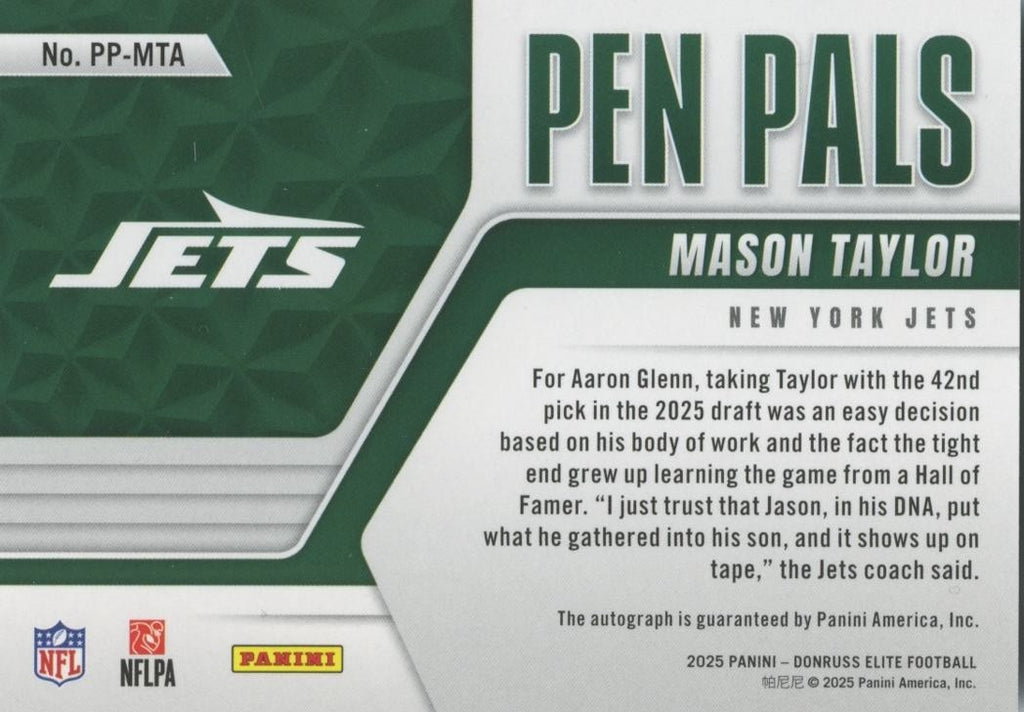 Mason Taylor 2025 Elite Pen Pals Purple Ink Auto Autograph SSP RC New York Jets