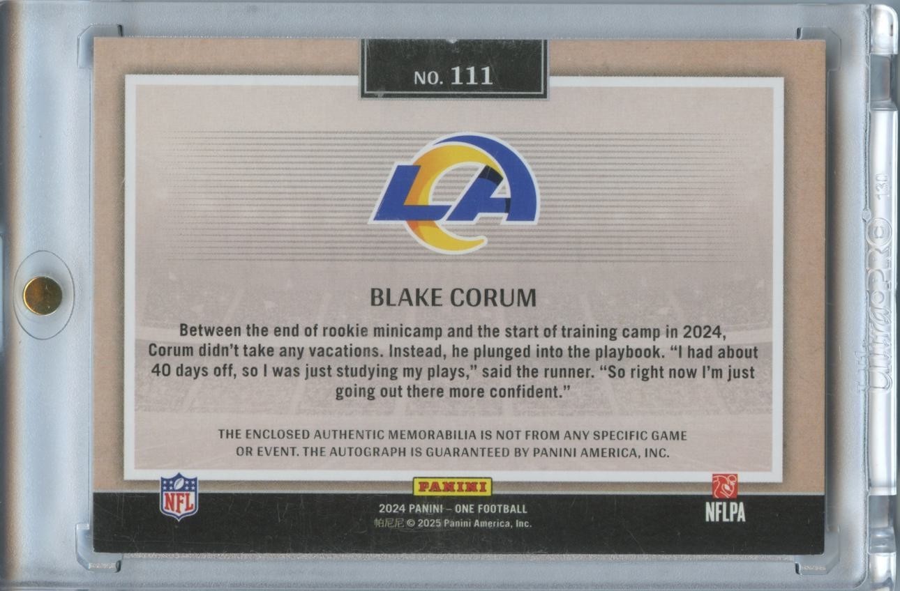 Blake Corum 2024 Panini One Auto Autograph Patch Rookie Los Angeles Rams 48/49