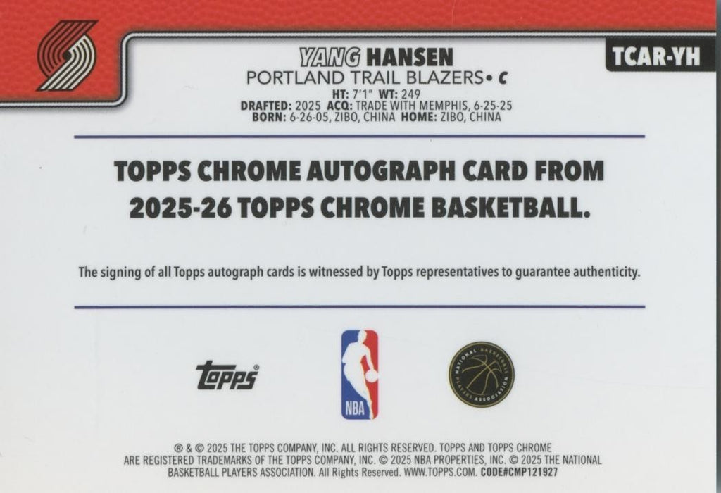 Yang Hansen 2025-26 Topps Chrome Auto Autograph Rookie RC Portland Trail Blazers