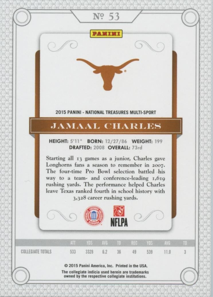 Jamaal Charles 2015 National Treasures SILVER Texas Longhorns 12/25 #53