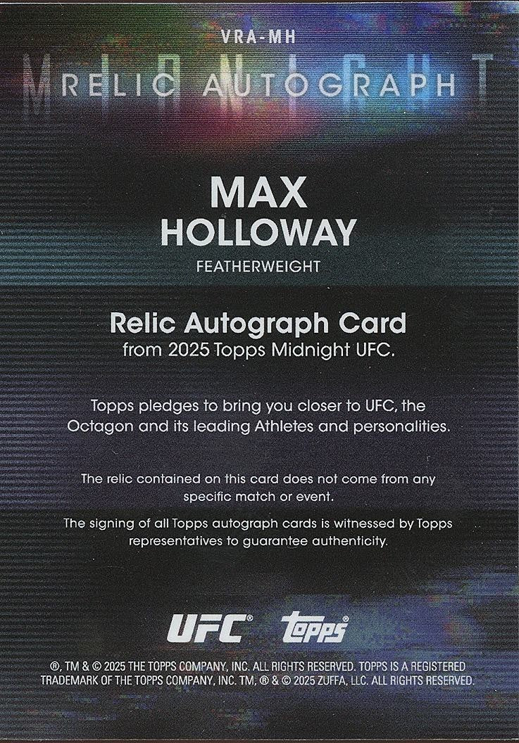 Max Holloway 2025 Topps Midnight On Card Auto Autograph Patch UFC MMA 6/12