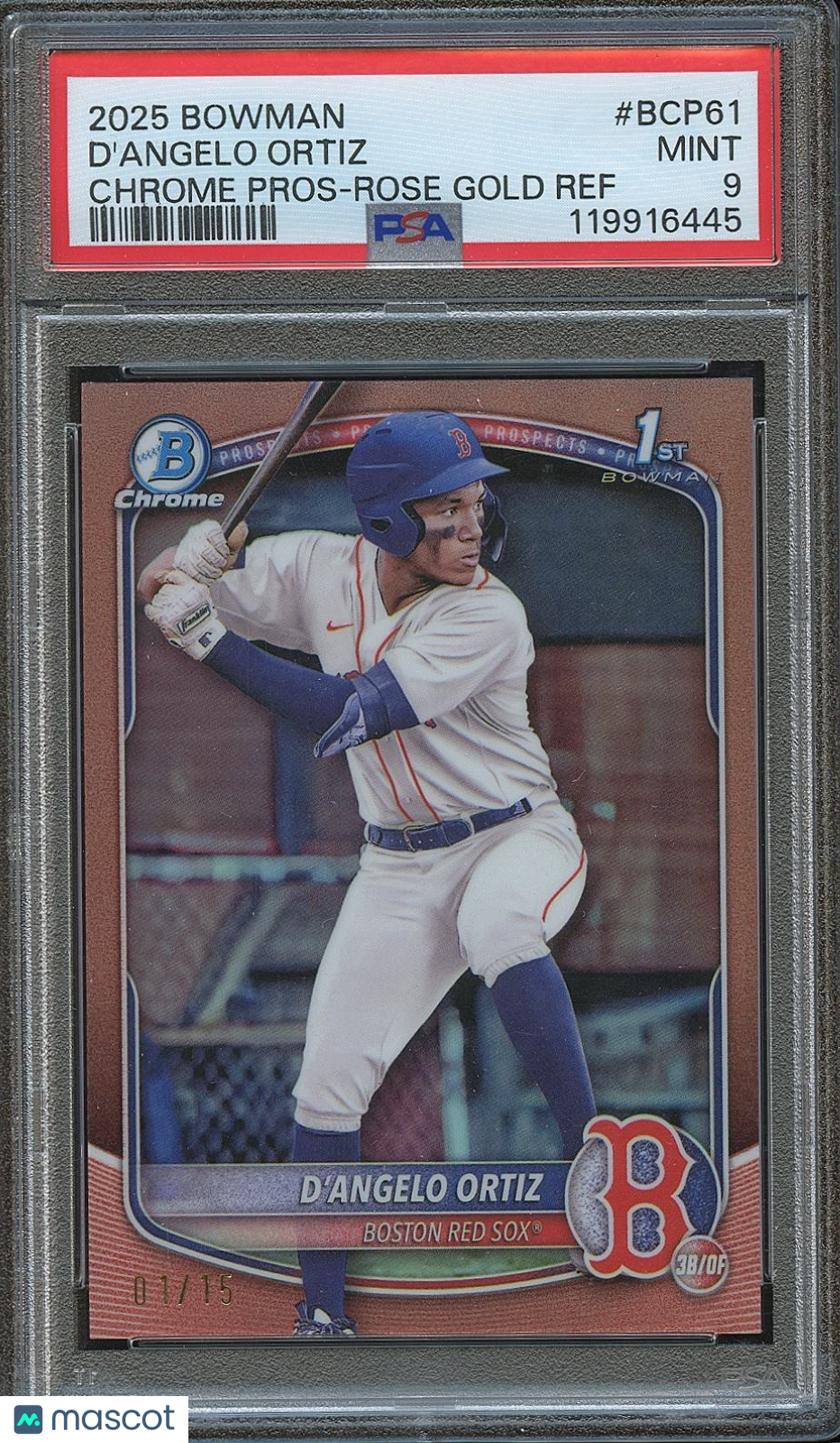D'Angelo Ortiz 2025 Bowman Chrome 1st Rose Gold Rookie RC Red Sox 1/15 PSA 9