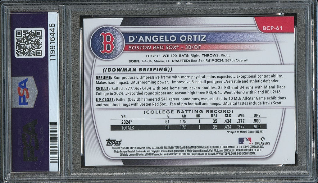 D'Angelo Ortiz 2025 Bowman Chrome 1st Rose Gold Rookie RC Red Sox 1/15 PSA 9