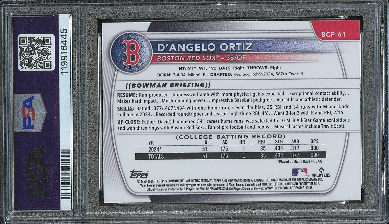 D'Angelo Ortiz 2025 Bowman Chrome 1st Rose Gold Rookie RC Red Sox 1/15 PSA 9