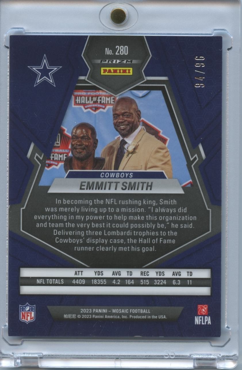 Emmitt Smith 2023 Mosaic HOF Blue Sparkle Prizm Dallas Cowboys 94/96