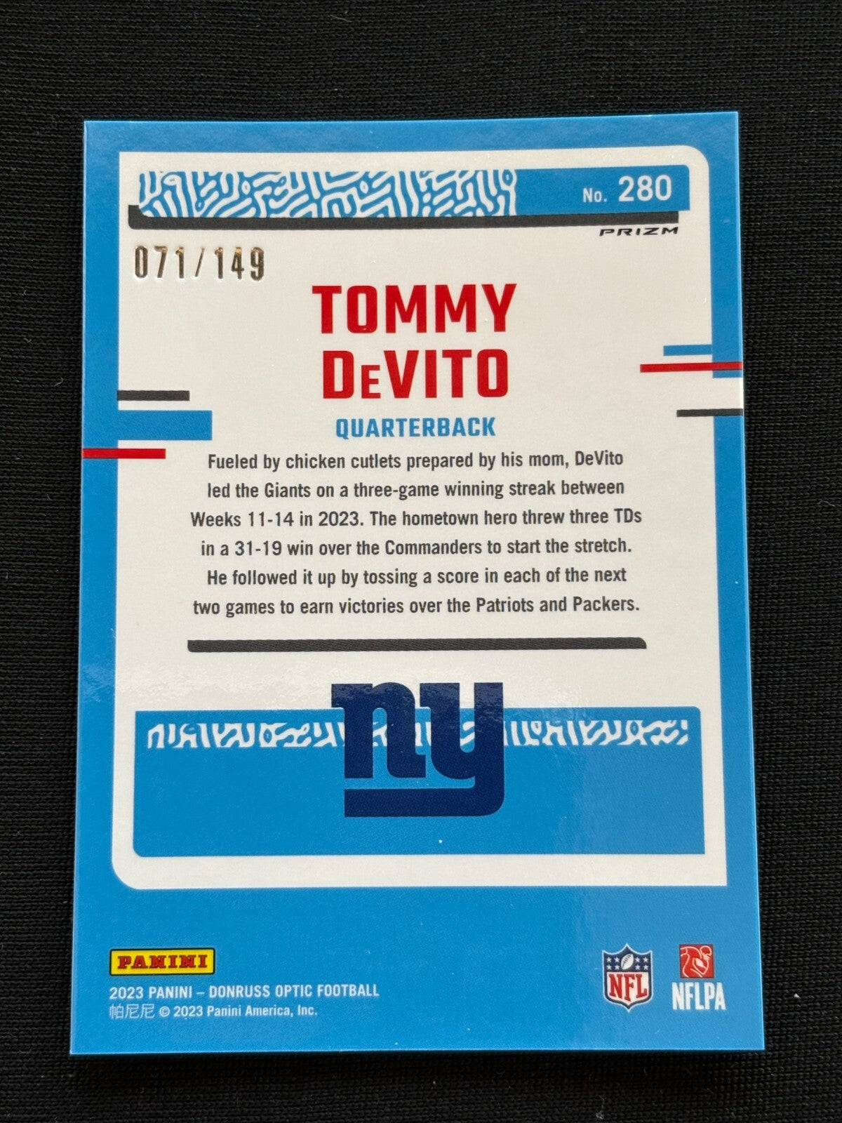Tommy Devito 2023 Optic Rated Rookie Flex Emoji RC New York Giants 71/149 #280