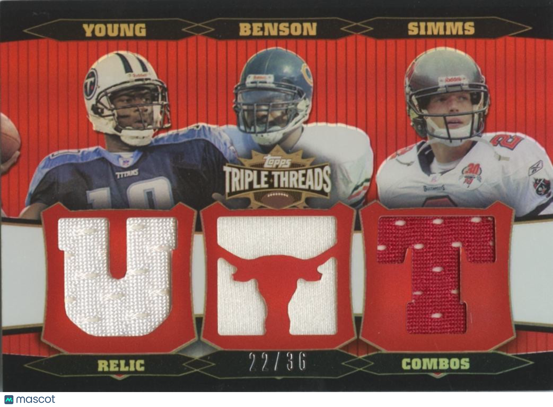 Vince Young / Benson / Simms 2006 Triple Threads Patch Texas Longhorns 22/36