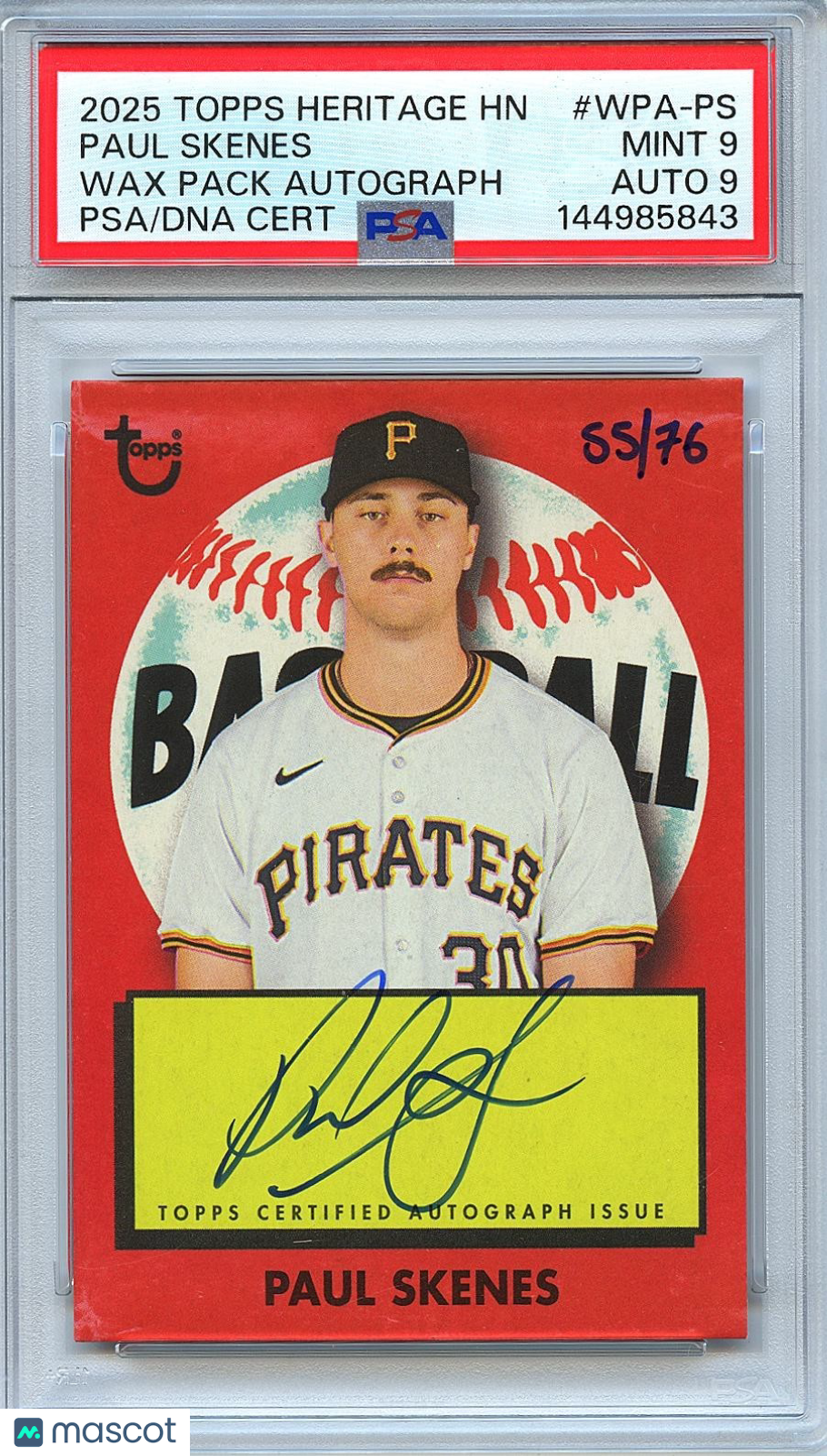 Paul Skenes 2025 Topps Heritage WaxPack Auto Autograph Pirates 55/76 PSA 9