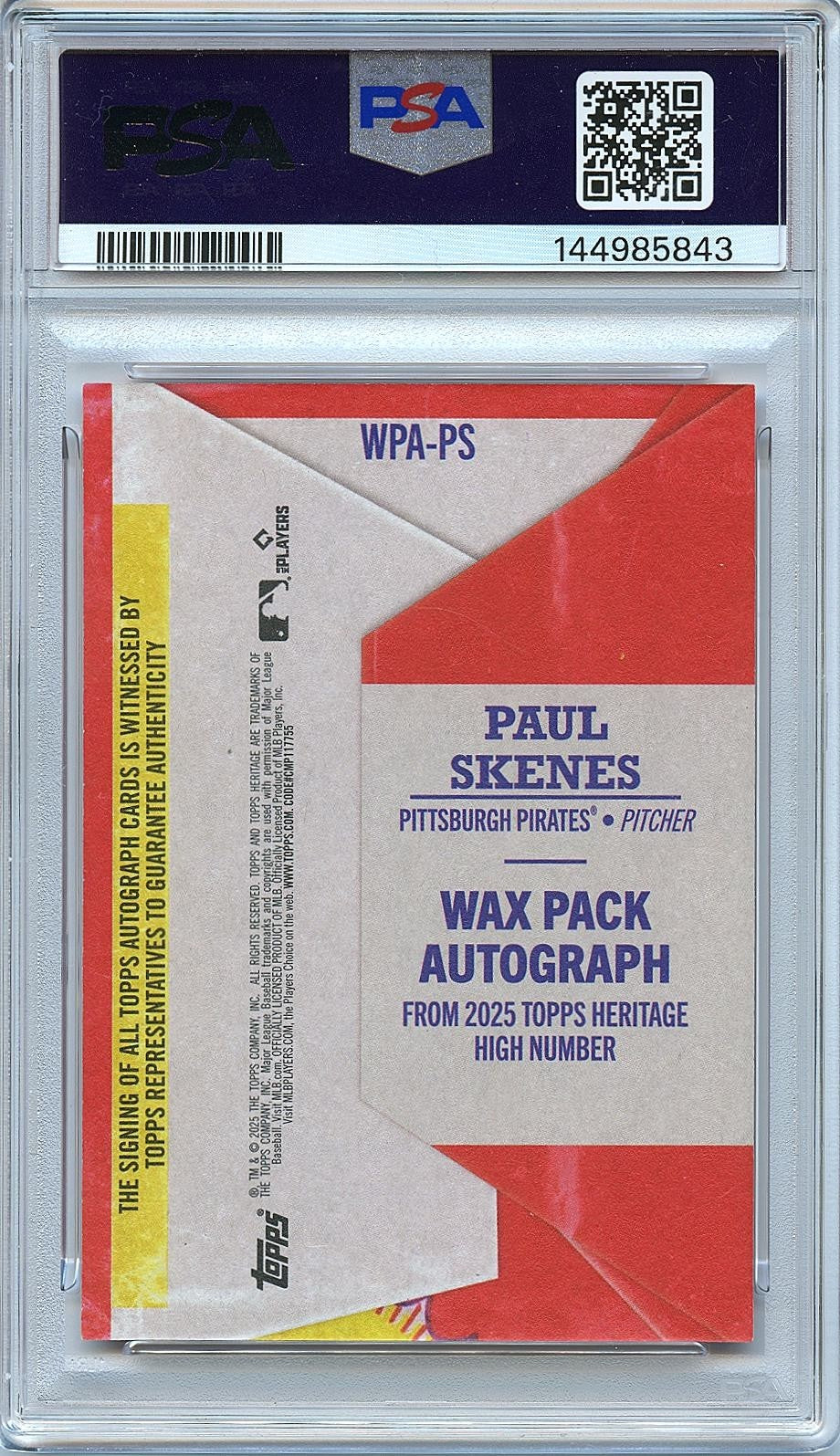 Paul Skenes 2025 Topps Heritage WaxPack Auto Autograph Pirates 55/76 PSA 9