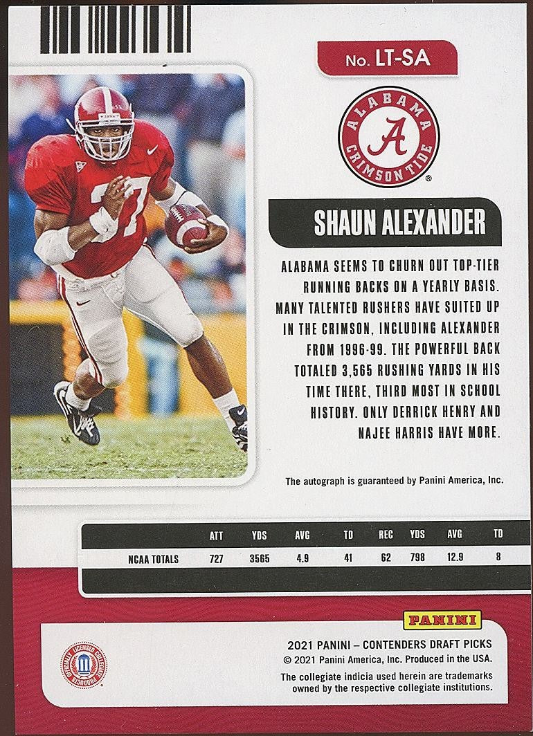 Shaun Alexander 2021 Contenders Cracked Ice Auto Autograph Alabama Seahawks /23