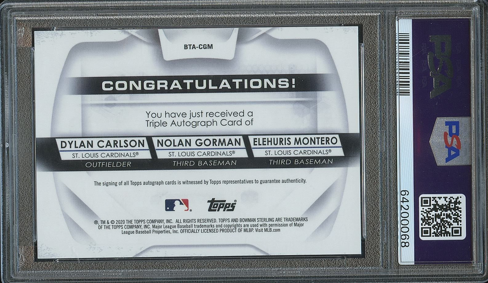 Dylan Carlson Nolan Gorman Montero 2020 Sterling Triple Auto Cardinals /25 PSA 9
