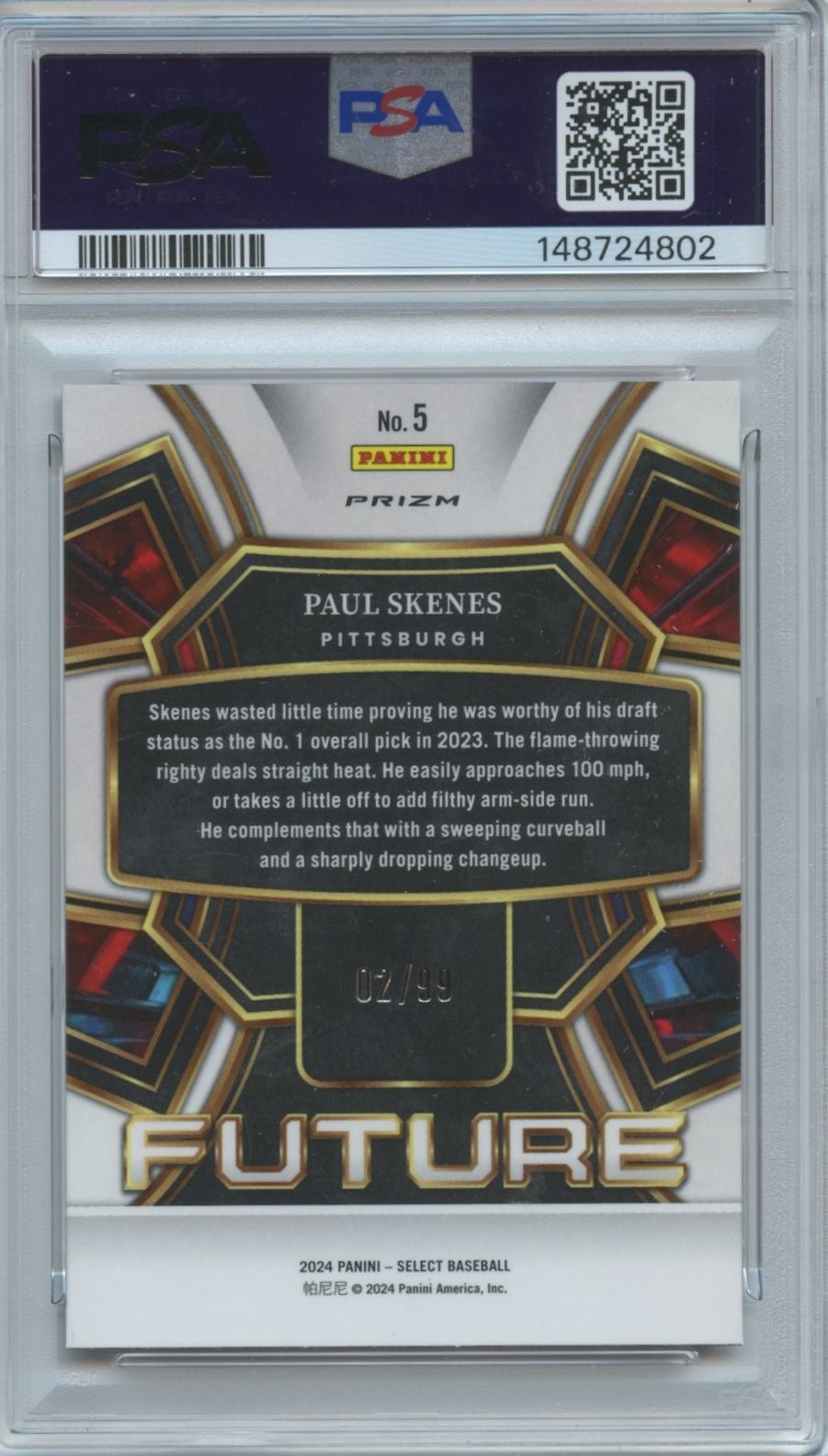 Paul Skenes 2024 Select Future Red Prizm Rookie RC Pirates 2/99 PSA 10