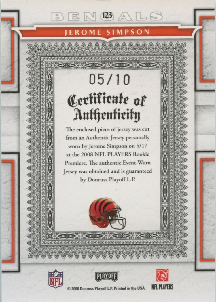 Jerome Simpson 2008 National Treasures NFL Shield Patch RC Bengals 5/10