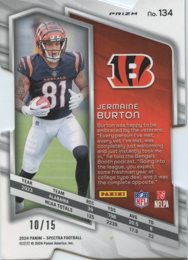 Jermaine Burton 2024 Spectra Neon Orange Prizm SSP Rookie RC Bengals 7/15
