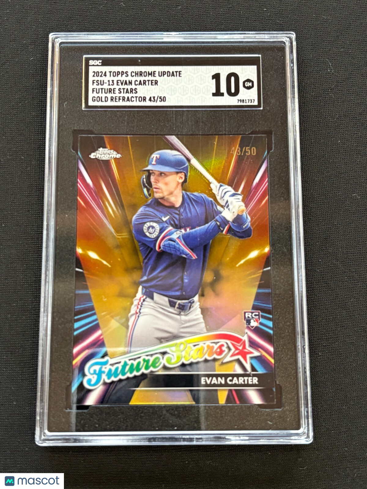 Evan Carter 2024 Topps Chrome Future Stars GOLD Rookie RC Rangers 43/50 SGC 10