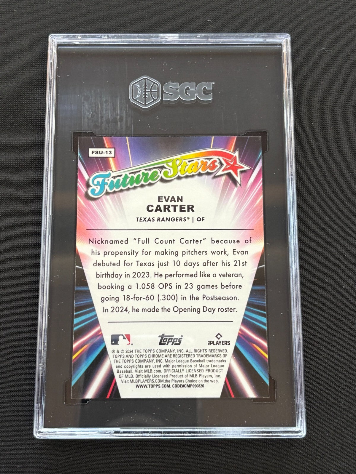Evan Carter 2024 Topps Chrome Future Stars GOLD Rookie RC Rangers 43/50 SGC 10