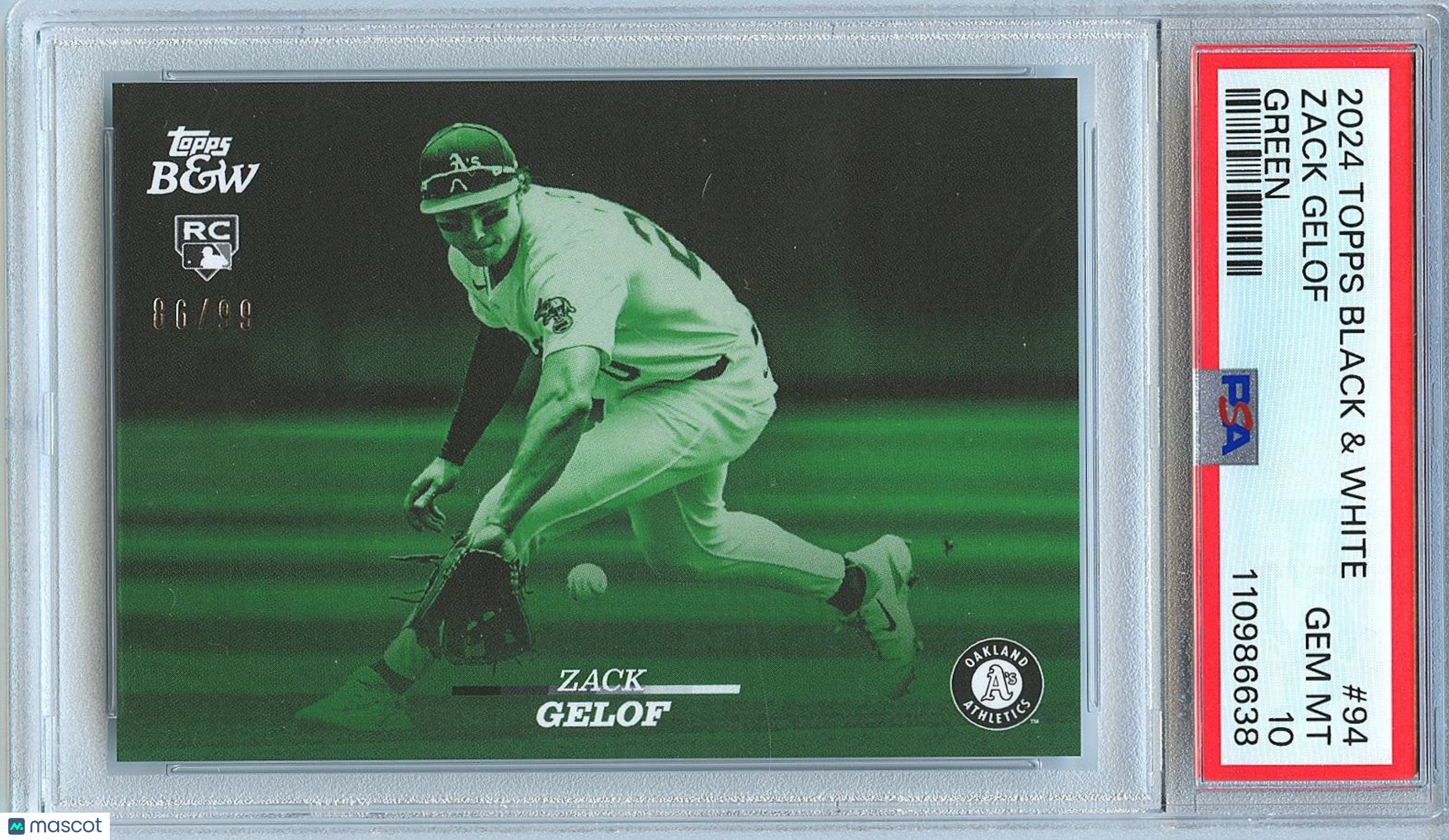 Zack Gelof 2024 Topps Black & White Green Rookie RC Athletics 86/99 PSA 10