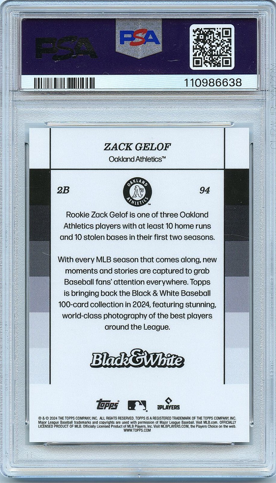 Zack Gelof 2024 Topps Black & White Green Rookie RC Athletics 86/99 PSA 10