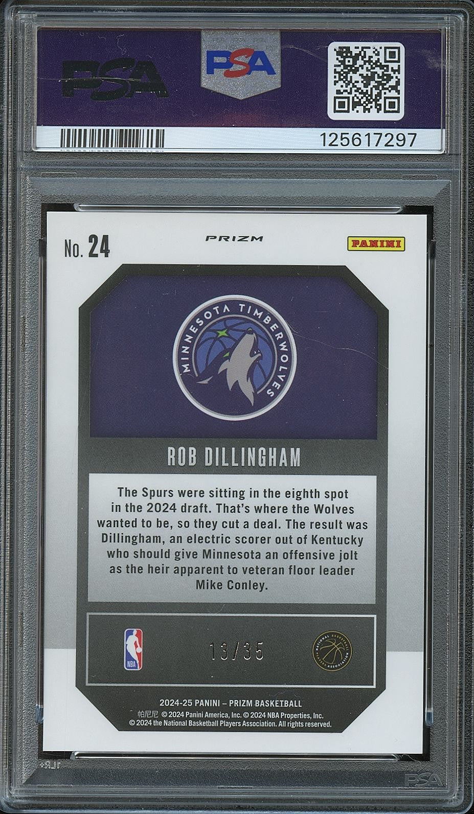 Rob Dillingham 2024-25 Prizm Purple Pulsar Prizm Rookie Timberwolves 13/35 PSA 9