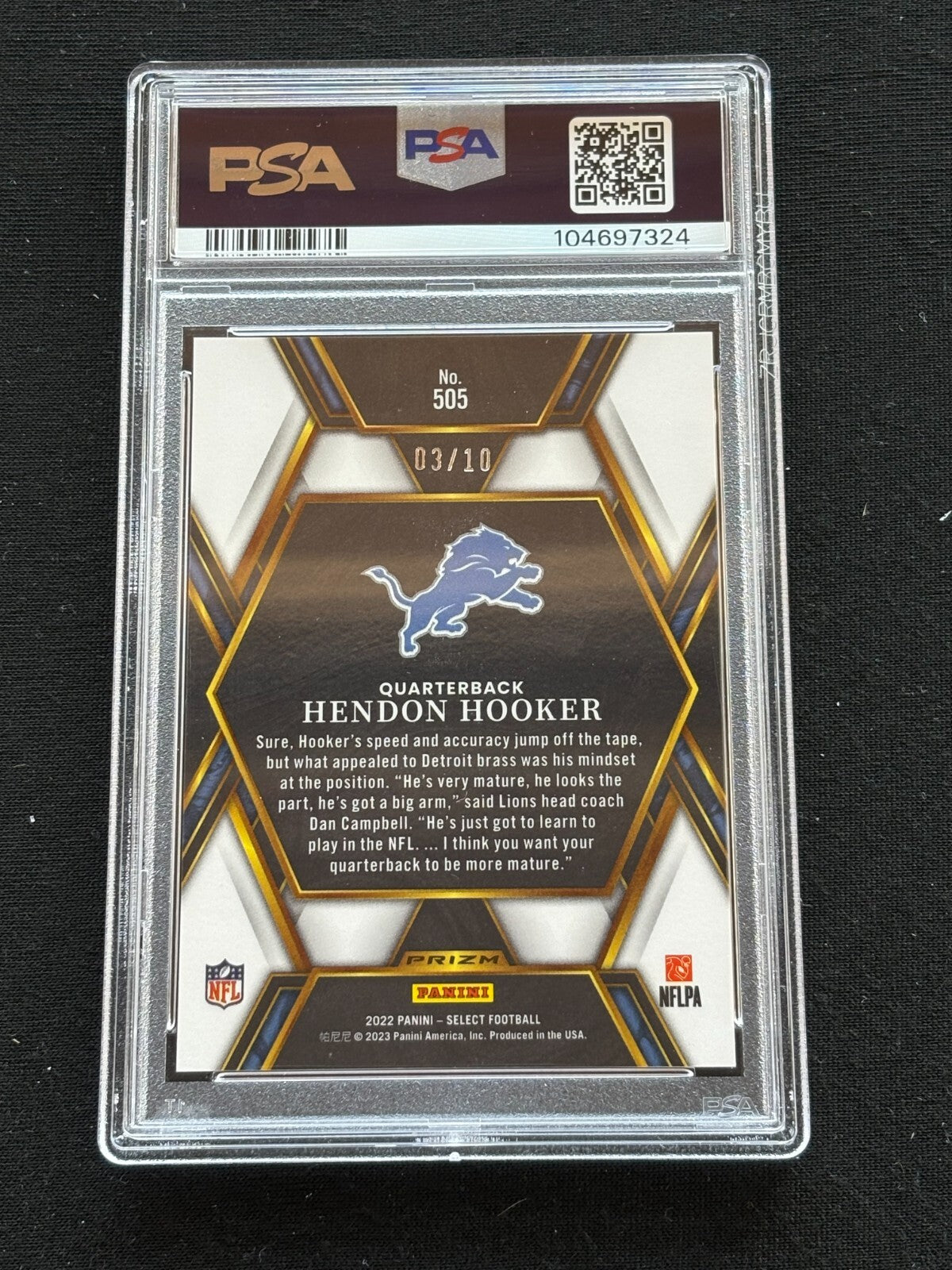 Hendon Hooker 2022 Select XRC Gold Prizm Rookie RC Detroit Lions 3/10 PSA 10