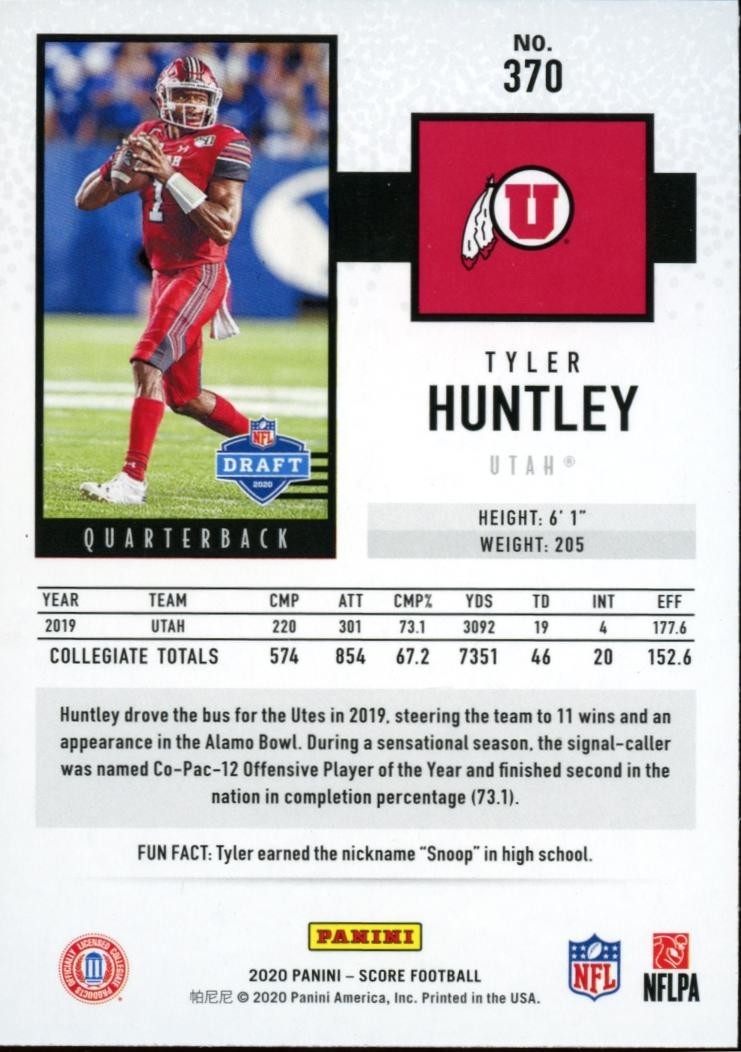 Tyler Huntley 2020 Score Red Zone SSP Rookie RC Utah Ravens Browns 19/20 #370