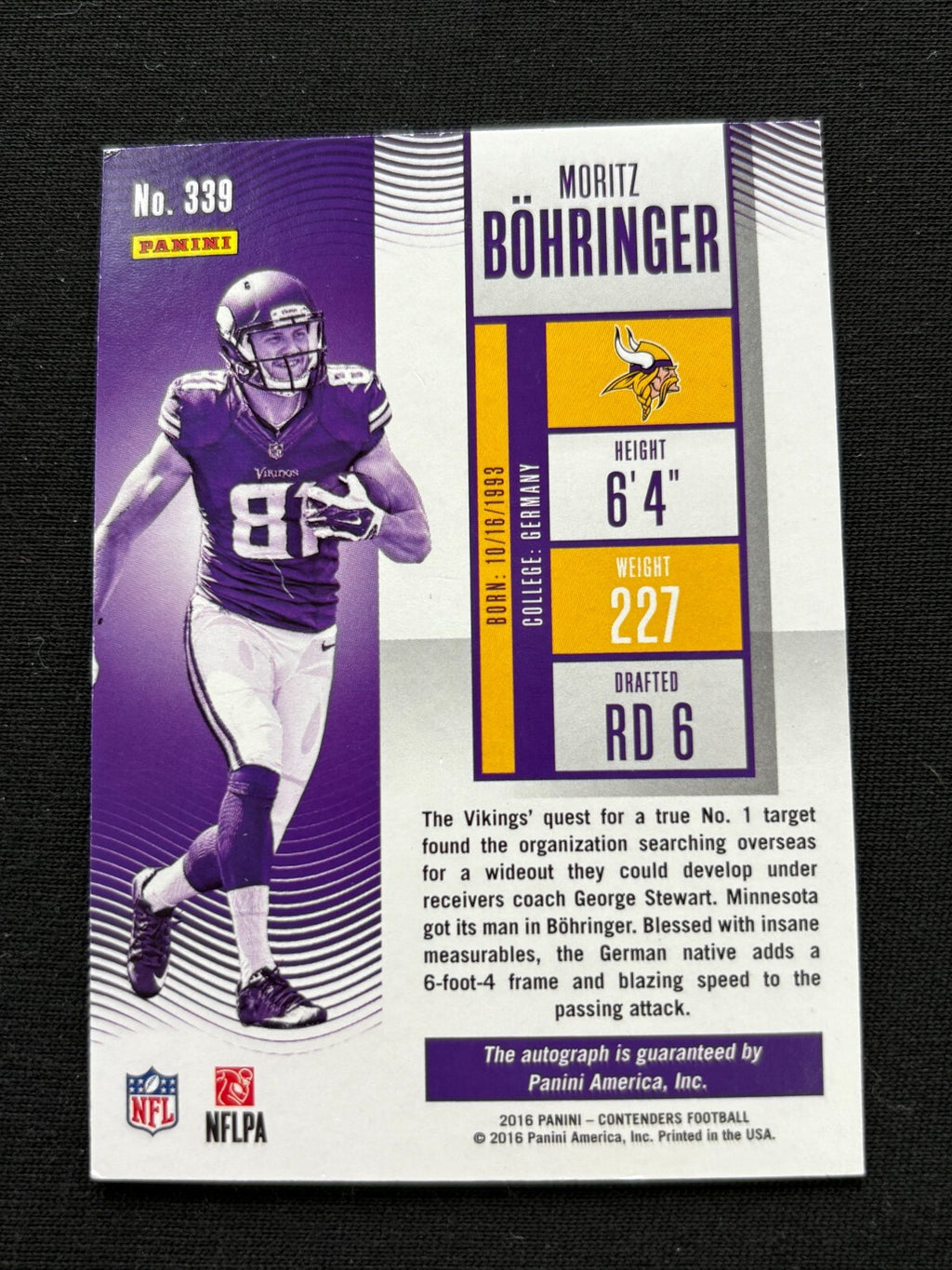 Moritz Bohringer 2016 Contenders Cracked Ice Auto Autograph Rookie Vikings 23/24