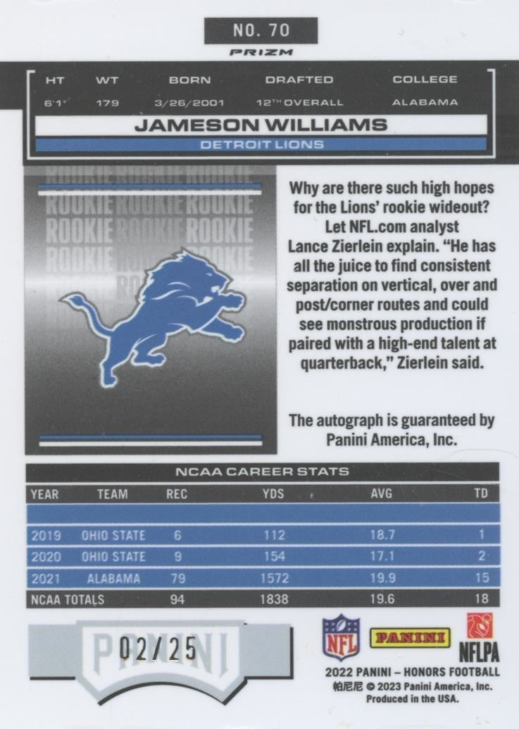 Jameson Williams 2022 Honors Auto Autograph Rookie RC Detroit Lions 2/25