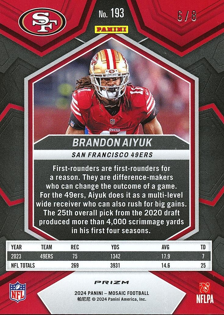 Brandon Aiyuk 2024 Mosaic Black Gold Prizm SSP San Francisco 49ers 6/8