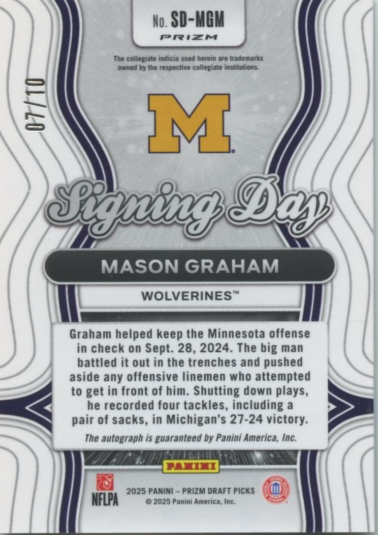 Mason Graham 2025 Prizm Draft GOLD Auto Autogrph RC Michigan Wolverines 7/10