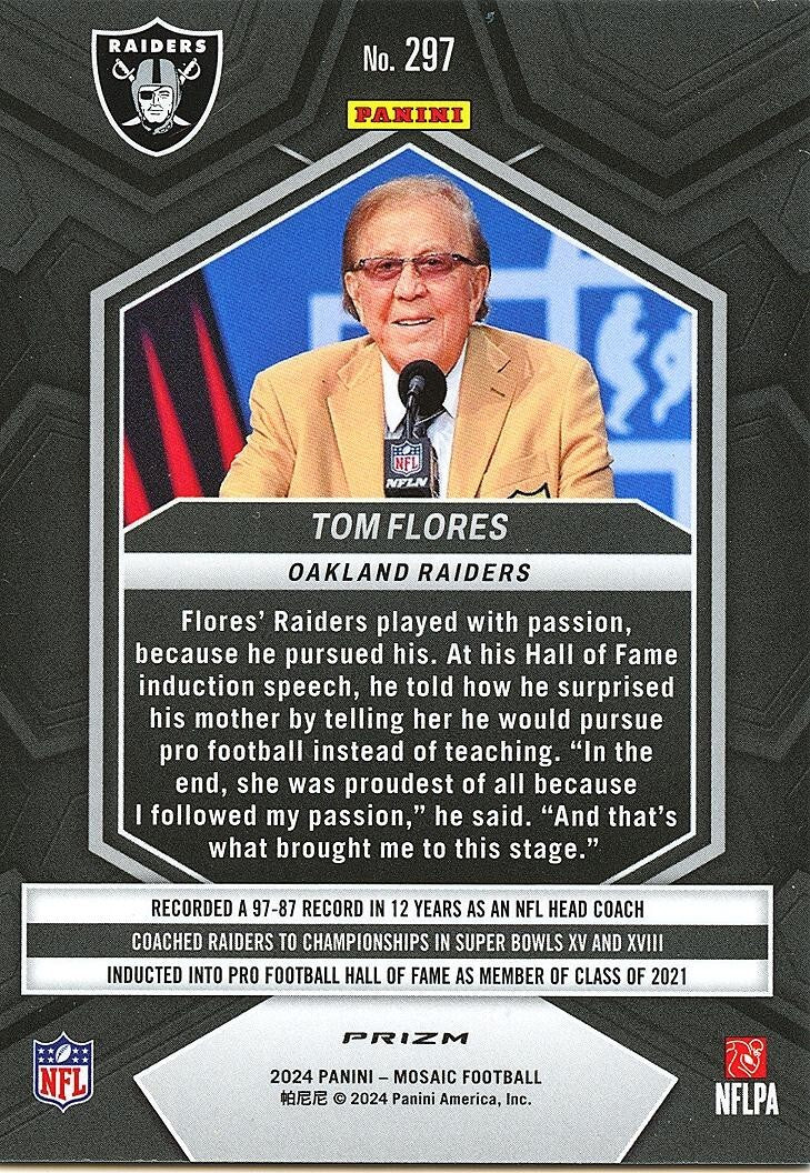 Tom Flores 2024 Mosaic Hall Of Fame Genesis Prizm SSP Oakland Raiders #297