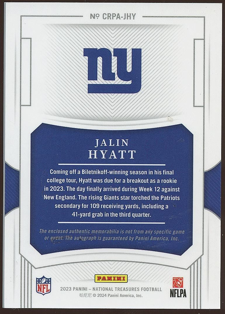 Jalin Hyatt 2023 National Treasures Auto Autograph RC Rookie Patch Giants 53/99